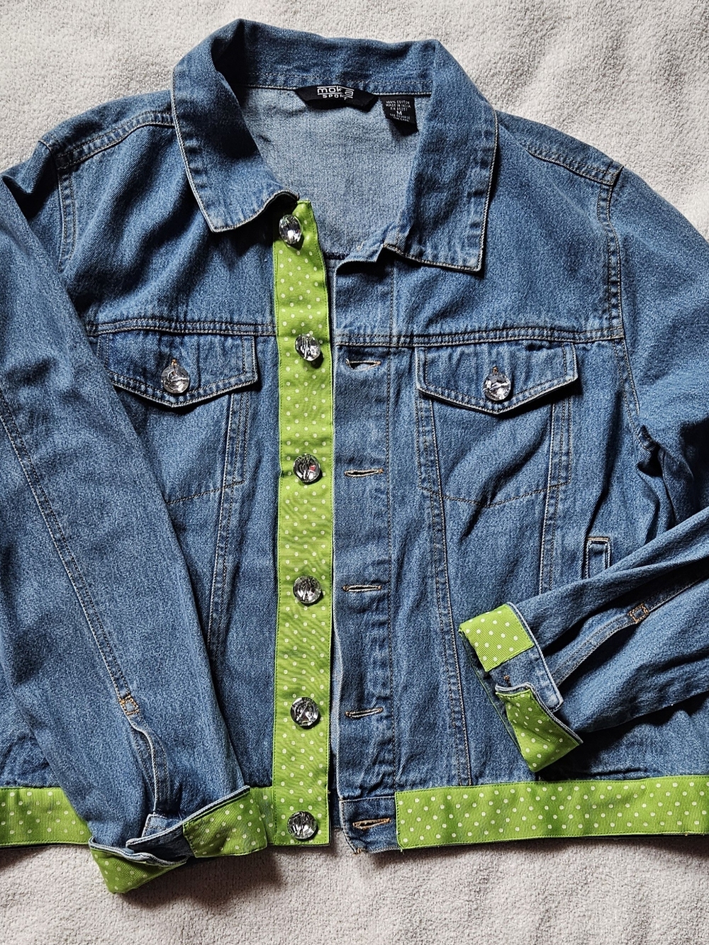 Vintage Blue Denim Jacket with Lime Green Polka-Dot Trim